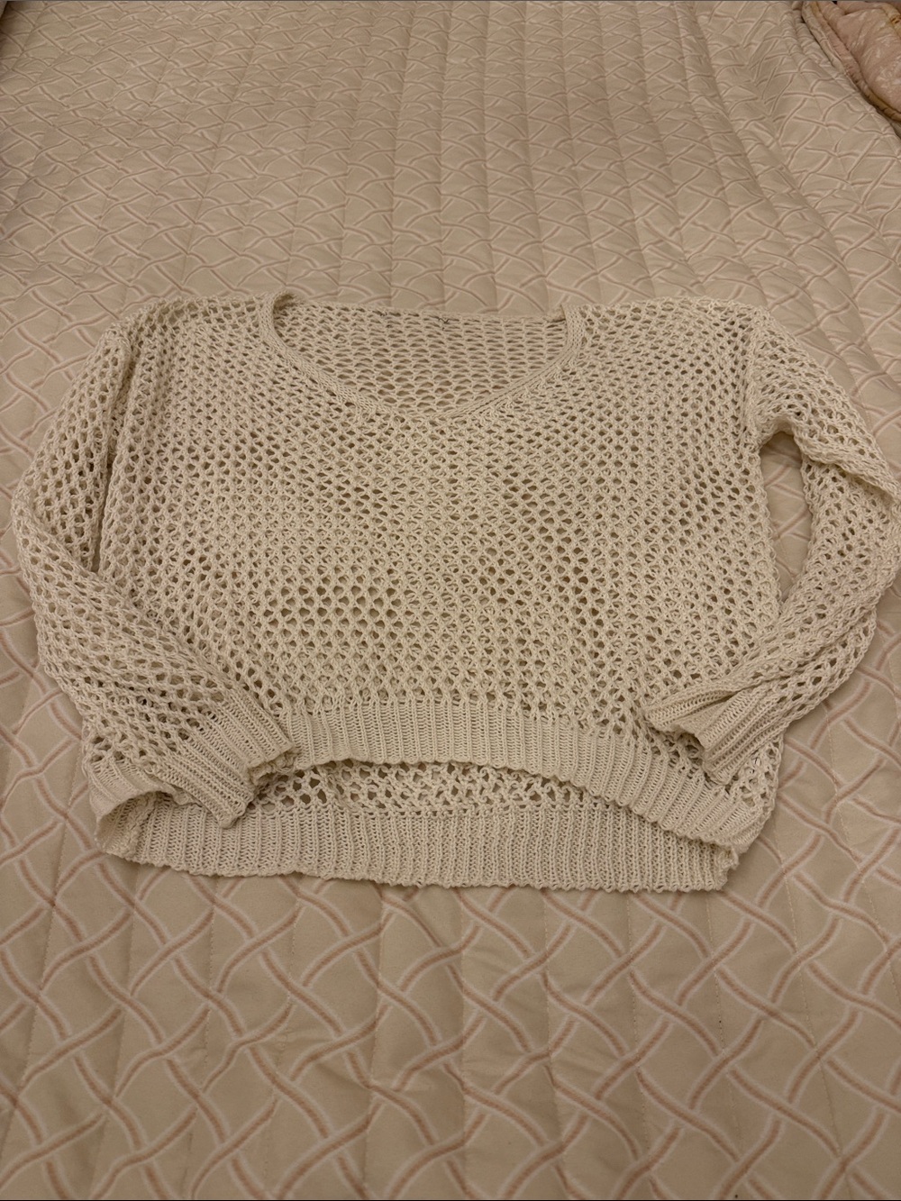 Cream Open-Knit V-Neck Women's Sweater